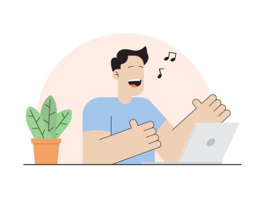 Dizüstü bilgisayarın önünde şarkı söyleyen birinin vektör düz tasarımı