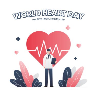 Minimalist düz tasarım tarzında doktor illüstrasyonuyla Dünya Sağlık Günü poster tasarımı