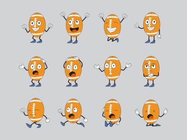 Çeşitli pozlarda klasik rugby topu maskotu vektör paketi tasarımı