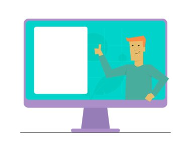 Minimalist düz dizayn Vektör illüstrasyonu bilgisayar ekranı içinde bir adamın