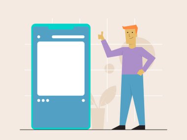 Minimalist düz tasarım vektör illüstrasyonunda büyük bir akıllı telefonun yanında bir adam