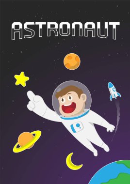 Uzay keşfeden ve gezegenlerle çevrili küçük bir astronot çocuğun çizimi. Poster tasarımı ve kitap kapağı olarak kullanılabilir..