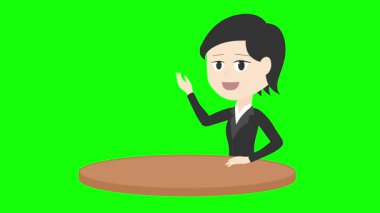 Yeşil ekran arka planında oturan ve konuşan bir iş kadınının 2D animasyonu