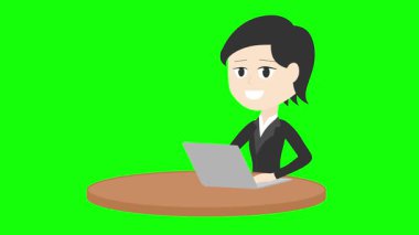 Yeşil ekran arka planında oturan ve laptop kullanan bir iş kadınının 2D animasyonu