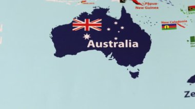 Avustralya dünya haritasında ülke bayrağını özetliyor. Yüksek kalite 4k görüntü