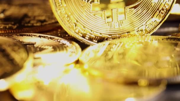 Oro Bitcoin Crypto Moneda Macro Moneda Sobre Fondo Oscuro Imágenes — Vídeos de Stock