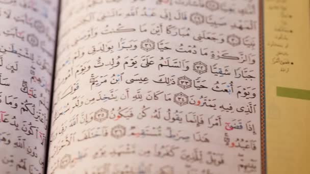 Коран Коран Священной Книги Религиозные Страницы Текста Закрыть Высококачественные Кадры — стоковое видео