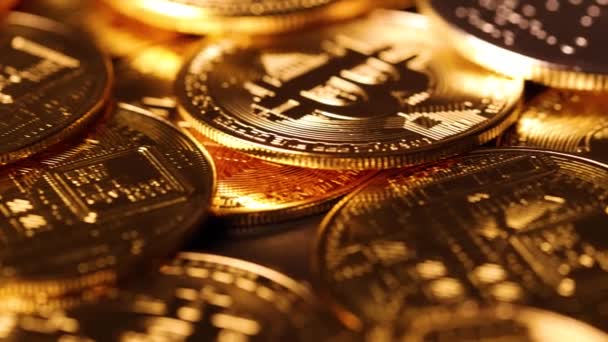 Bitcoins Criptomoeda Moedas Mesa Blockchain Terminando Litecoin Imagens Alta Qualidade — Vídeo de Stock