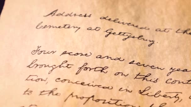 Доллі Відстеження Геттісбурга Адреса Історичного Документа Авраама Лінкольна Високоякісні Кадри — стокове відео