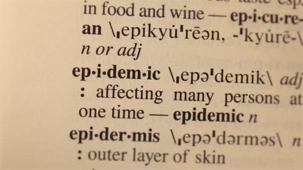 Epidemic Word Definition Page Text Letters Dictionary High Quality Footage — Stock Video