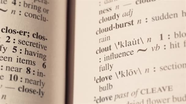 Clout Słowo Definicja Strony Litery Tekstowe Słowniku Wysokiej Jakości Materiał — Wideo stockowe