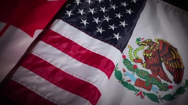 Dynamisk Sväng Kanada Usa Och Mexiko Nationella Flaggor Högkvalitativ Film — Stockvideo
