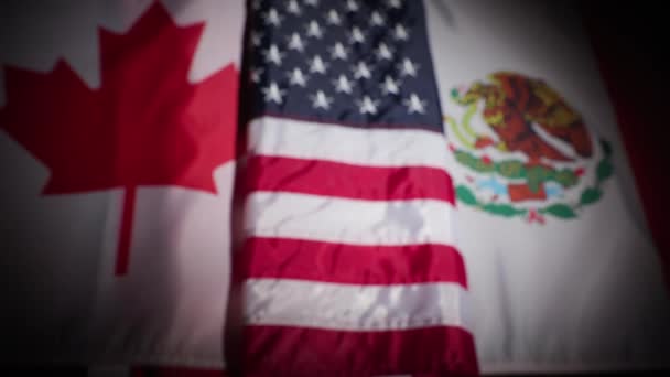 Rack Fokus Kanada Usa Och Mexiko Nationella Flaggor Med Vinjett — Stockvideo