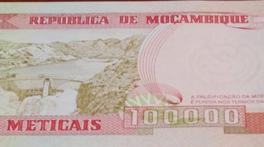 100.000 Mozambik metik ulusal para birimi yasal banknot tasarısı 1 'i kapattı. Yüksek kalite 4k görüntü
