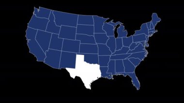 Teksas eyalet bayrağı Amerika Birleşik Devletleri haritası animasyon siyah arkaplan yakınlaştırması çiziyor. Yüksek kalite 4k görüntü
