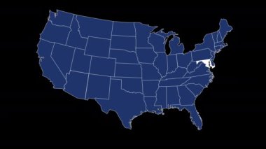 Maryland eyalet bayrağı Amerika Birleşik Devletleri haritası animasyon siyah arka planda yakınlaştırma çiziyor. Yüksek kalite 4k görüntü
