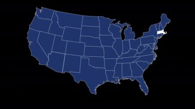 Massachussetts eyalet bayrağı Amerika Birleşik Devletleri haritası animasyon siyah arka planda yakınlaşmayı özetliyor. Yüksek kalite 4k görüntü