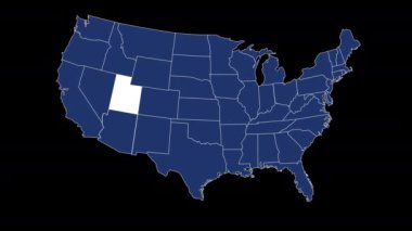 Utah eyalet bayrağı Amerika Birleşik Devletleri haritası animasyon siyah arkaplan yakınlaştırması. Yüksek kalite 4k görüntü