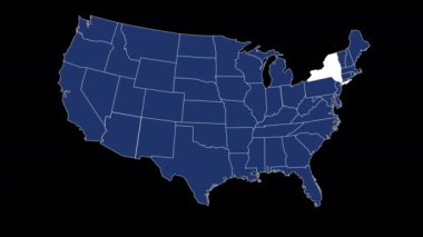 New York eyalet bayrağı Amerika Birleşik Devletleri haritası animasyon siyah arka planda yakınlaştırma çiziyor. Yüksek kalite 4k görüntü