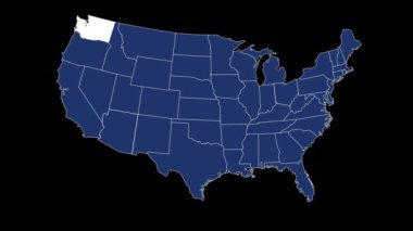 Washington eyaleti bayrağı Amerika Birleşik Devletleri haritası animasyon siyah arka planda yakınlaştırma çiziyor. Yüksek kalite 4k görüntü