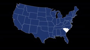 Güney Carolina eyaleti bayrağı mavi Amerika Birleşik Devletleri haritası animasyon koyu arkaplan zoom çiziyor. Yüksek kalite 4k görüntü