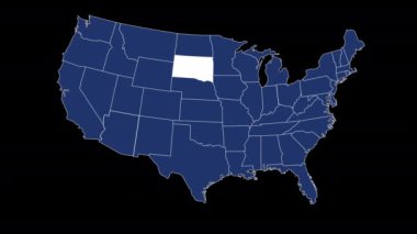 Güney Dakota eyaleti bayrağı mavi Amerika Birleşik Devletleri haritası animasyon koyu arkaplan yakınlaştırması. Yüksek kalite 4k görüntü