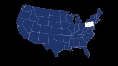 Pennsylvania eyaleti bayrağı mavi Amerika Birleşik Devletleri haritası animasyon koyu arkaplan yakınlaştırması. Yüksek kalite 4k görüntü