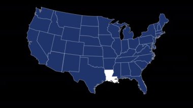 Louisiana eyalet bayrağı mavi Birleşik Devletler haritası animasyonda yakınlaşmayı gösteriyor. Yüksek kalite 4k görüntü
