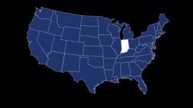 Indiana eyalet bayrağı Amerika Birleşik Devletleri haritası animasyon mavi arka planda yakınlaştırıyor. Yüksek kalite 4k görüntü