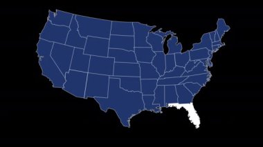Florida eyaleti bayrağı Amerika Birleşik Devletleri haritası animasyon mavi arka planda yakınlaştırıyor. Yüksek kalite 4k görüntü