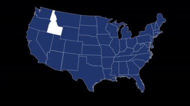 Idaho eyaleti bayrağı Amerika Birleşik Devletleri haritası animasyon mavi arka planda yakınlaşmayı gösteriyor. Yüksek kalite 4k görüntü