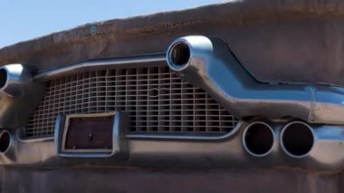 Route 66 paslı araba ızgara tezgahı heykeli Arizona taşlaşmış orman çölü. Yüksek kalite 4k görüntü