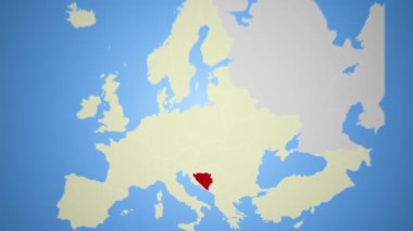 Bosna-Hersek 'i Avrupa' nın 4K dünya haritasında ön plana çıkaran yakınlaştırma animasyonu. Yüksek kalite 4k görüntü