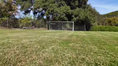 Ağaçlarla çevrili beyaz ağlı bir futbol kalesi. Yüksek kalite 4k görüntü