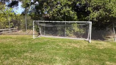 Açık gökyüzünün altındaki ağaçlarla çevrili yeşil bir alanda futbol kalesi. Yüksek kalite 4k görüntü