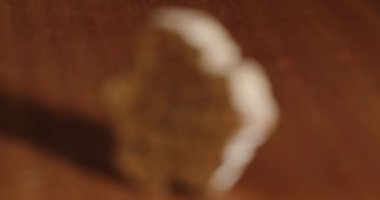 Ayahuasca. Video, sarımsak ampulünün yakın plan çekimleriyle huzurlu bir atmosfer sunuyor. Masanın üzerinde engebeli bir kaya ve bulanık bir ayak.