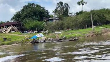 Çamurlu Amazon kıyı şeridi boyunca geleneksel editör evleri. Yüksek kalite 4k görüntü
