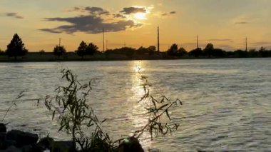 Tree Lined Shoreline ile Sakin Göl Üzerinde 19 Akşam Güneşi. Yüksek kalite 4k görüntü