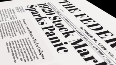 Bu video 1929 borsa çöküşünü ve paniğini kapsıyor. Gazetelerde çıkan makaleler ve görüntüler ekonomik etkiyi ve halkın korkusunu vurguluyor.