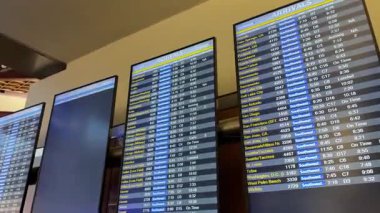 Editör 4 Haziran 2025 Phoenix Arizona USA - Bir video, uçuş bilgilerini gösteren yoğun bir havaalanını gösteriyor, durumları kontrol eden gezginlerin dinamik atmosferini vurguluyor