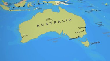Avustralya, Okyanusya Ülke Sınırlarını Gösteren 3D Dünya Haritası 'nı vurguladı. Yüksek kalite 4k görüntü