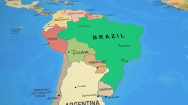 Brezilya, Güney Amerika 'nın Siyasi Sınırlarını Gösteren 3D Canlandırılmış Dünya Haritasını Vurgulandı. Yüksek kalite 4k görüntü