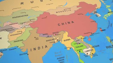 Çin 3D Animasyon Dünya Haritası Asya Ülkelerini Siyasi Sınırları Gösteriyor. Yüksek kalite 4k görüntü