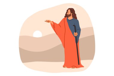 İncil ve Hristiyan dininden İsa, tepelerin ve günbatımının yakınında durup müritlerine veda ediyor. Katolik inancının Mesih 'i, İsa' nın yüzünde nazik bir ifadeyle elini ileri uzatır.