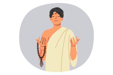 Geleneksel etnik giysiler içinde Asyalı Müslüman adam dua ediyor ve elinde tespihle meditasyon yapıyor. Alnında nokta olan, gülümseyen ve gözlerini kapatan Pan-Asya ülkelerinden gelen Müslüman adam.