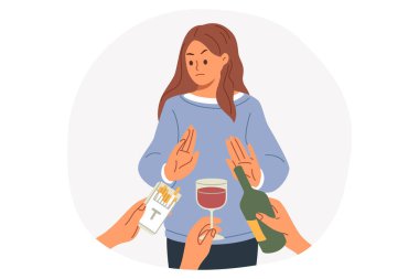 Kadın kötü alışkanlıklardan vazgeçiyor ve jesti durduruyor, alkol ve sigara içme teklifini reddediyor. Genç bir kız bağımlılığı yener ve kötü alışkanlıklar bırakmaz sigara ya da şarapla.