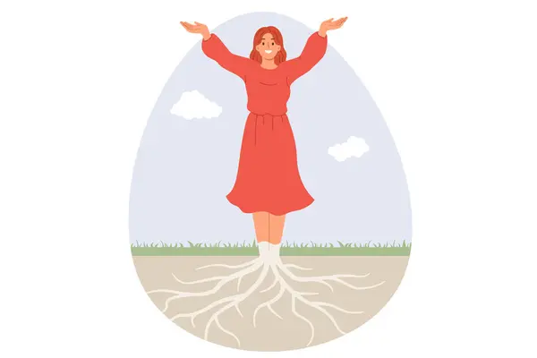 Unity Humanity Nature Happy Woman Connected Roots Going Underground Cheerful Stock Vector