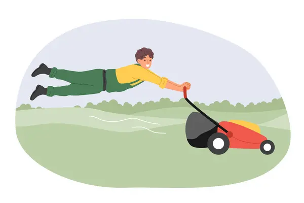 Man Gardener Uses Powerful Lawn Mower Maintain Grass Public Park — Stock Vector