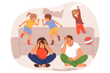 Hüsrana uğramış ebeveynler, hiperaktif çocukların kanepeye zıplayıp etrafa bir şeyler fırlatması yüzünden yorgun ve enerjisiz hissediyorlar. Yaramaz çocuklar eğleniyor. Yorgun anne ve babaya rahatsızlık veriyorlar.