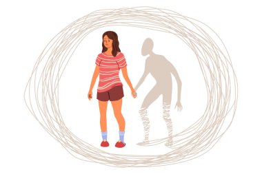 Psikolojik bozukluğu olan kadın, geçmişteki zihinsel sorunlar kavramı için hayali karakterin elini tutuyor. Psikolojik hastalığı olan bir kız depresyona ve ilgisizliğe yol açan korkularından kurtulamaz.